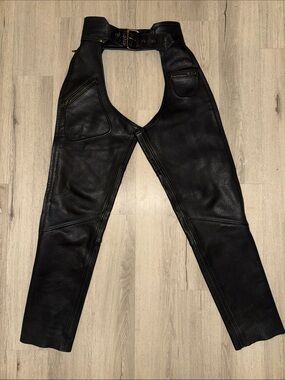 Black Leather Motorcycle Chaps with Belted Waist